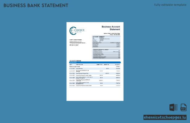 Choice Bank Geschäftskontoauszug – Beispielvorschau im Word- und PDF-Format